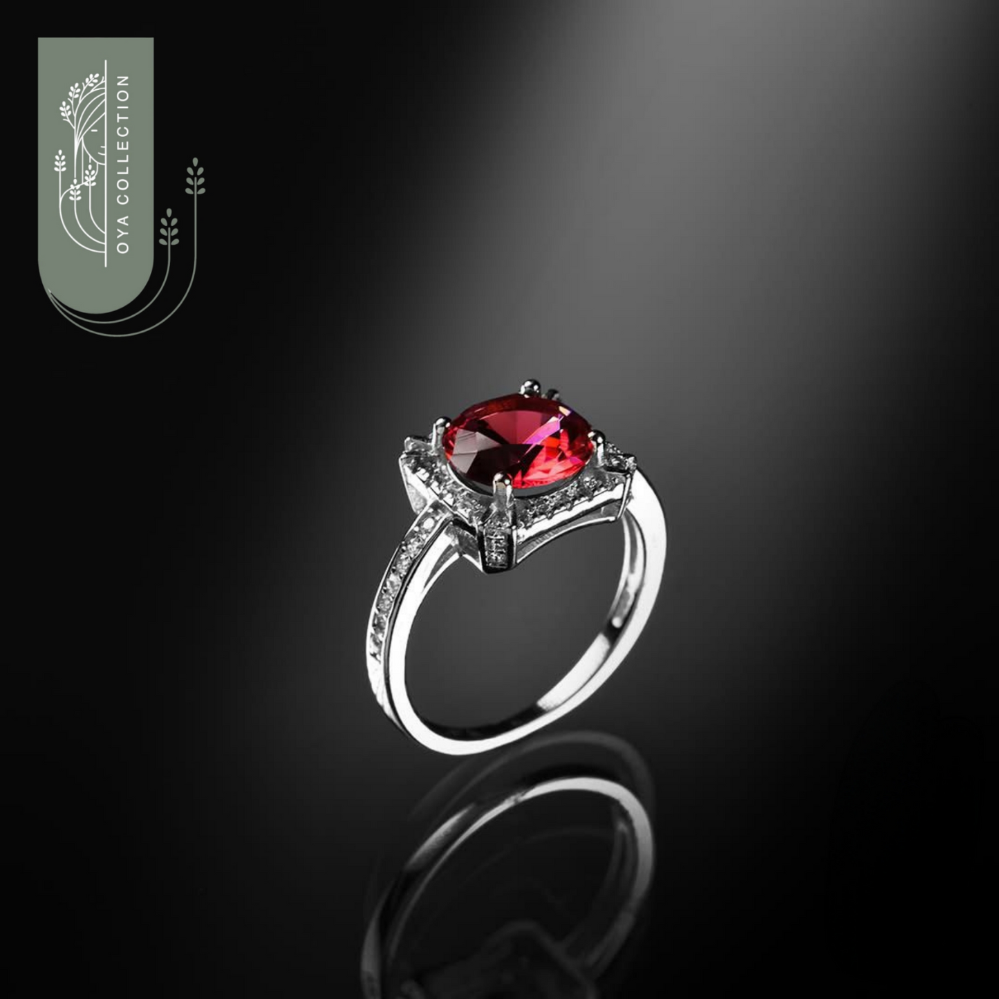 Silver 925 Round Ruby stone Ring with square Zirconia frame
