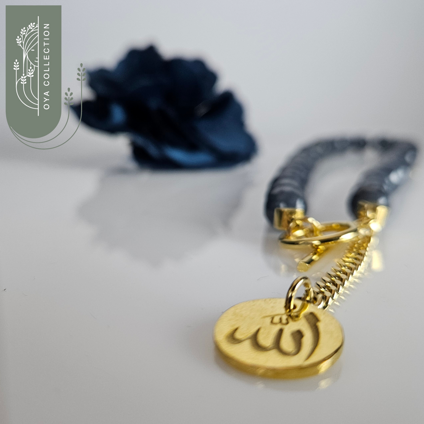 Labradorite Rosary/Necklace/Bracelet - 18k Gold Plated Brass Pendant