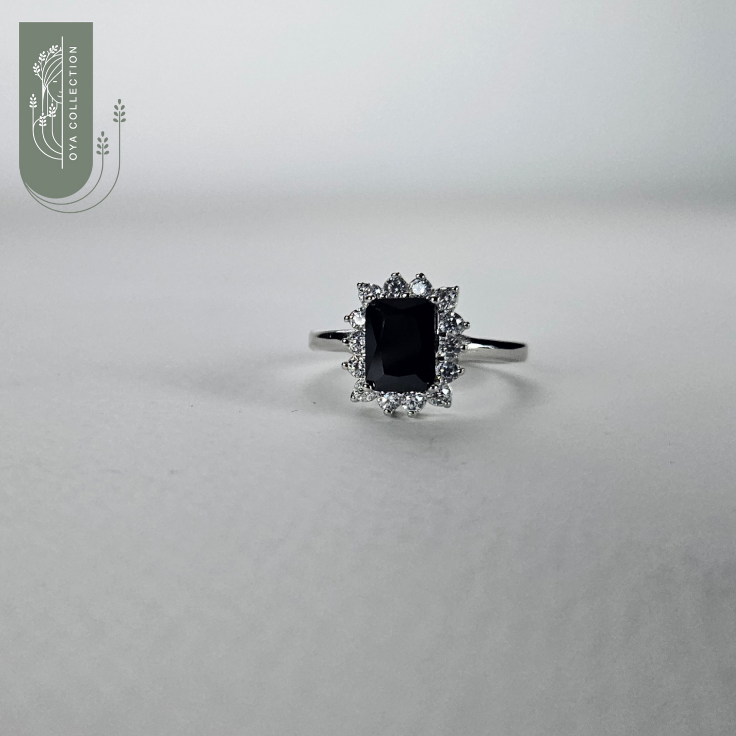 Black Agate Silver 925 Ring - Rectangular Shaped Stone
