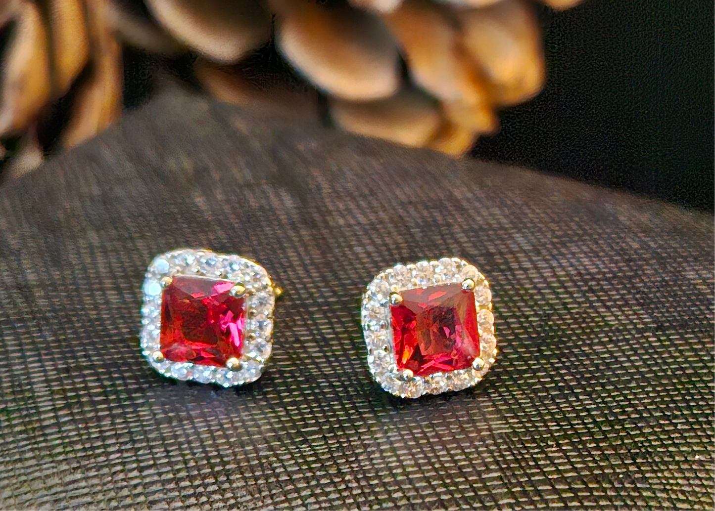 Sterling silver earring 925, s. square shaped Ruby stone and zirconia all lined with Zirconia frame