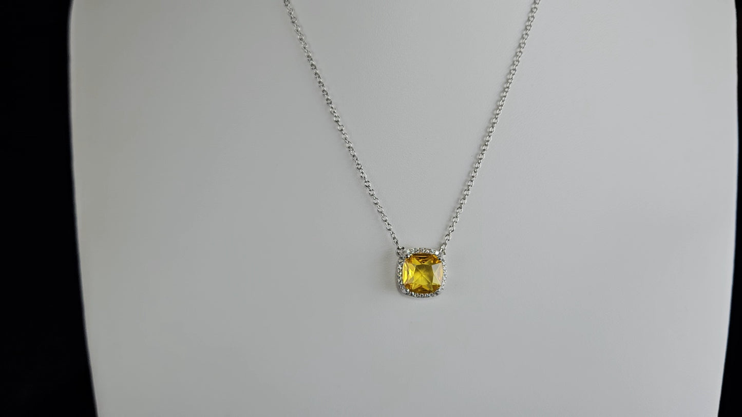Silver 925 Square Citrine stone necklace with Zirconia frame