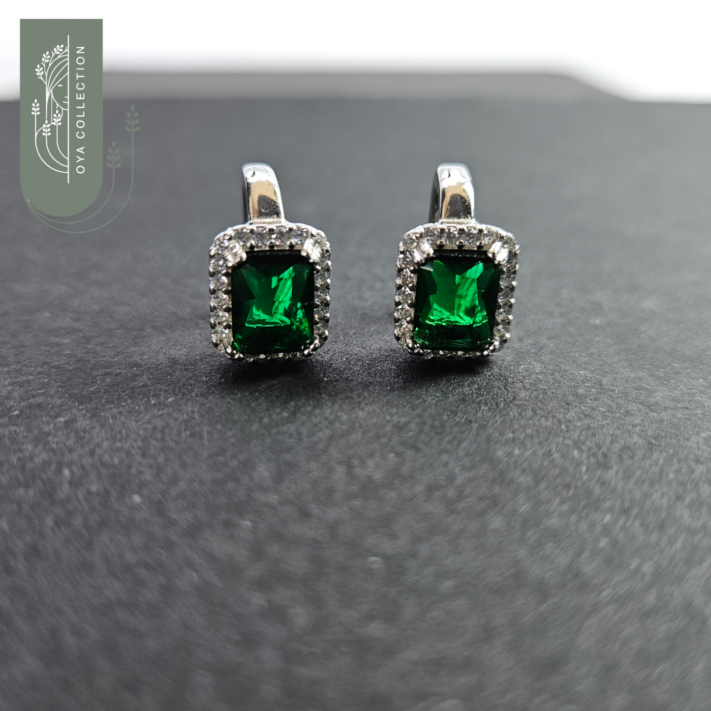 Green Garnet with Zirconia frame Earrings - Silver 925