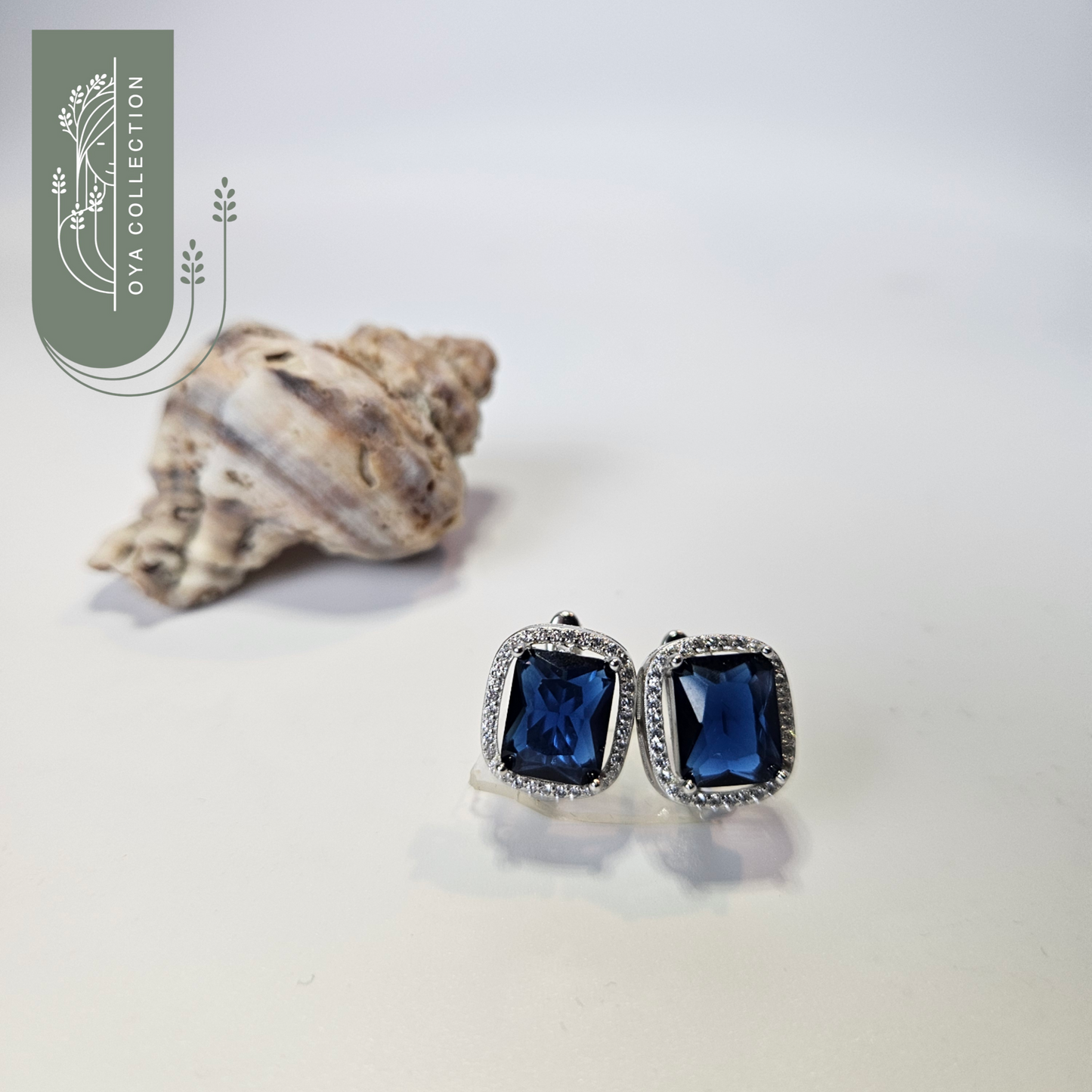 Blue Sapphire stone Big rectangular earrings