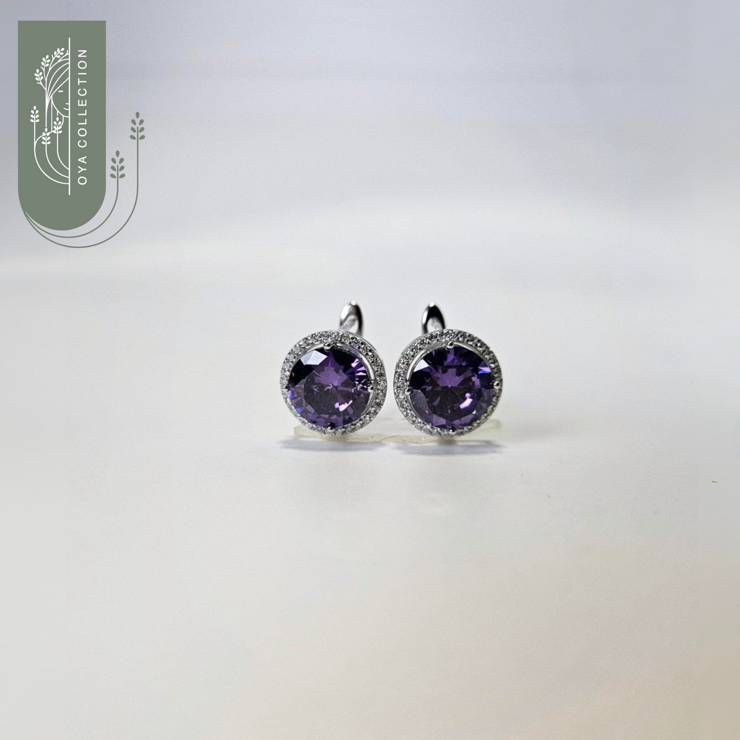 Amethyst Round Stone Earrings with Zirconia frame