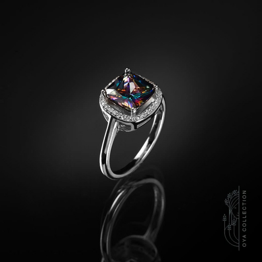 Sterling silver ring 925, square shaped Topaz stone and zirconia all lined with Zirconia frame