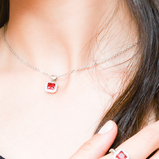 Sterling silver necklace 925, square shaped Ruby stone and zirconia all lined with Zirconia frame