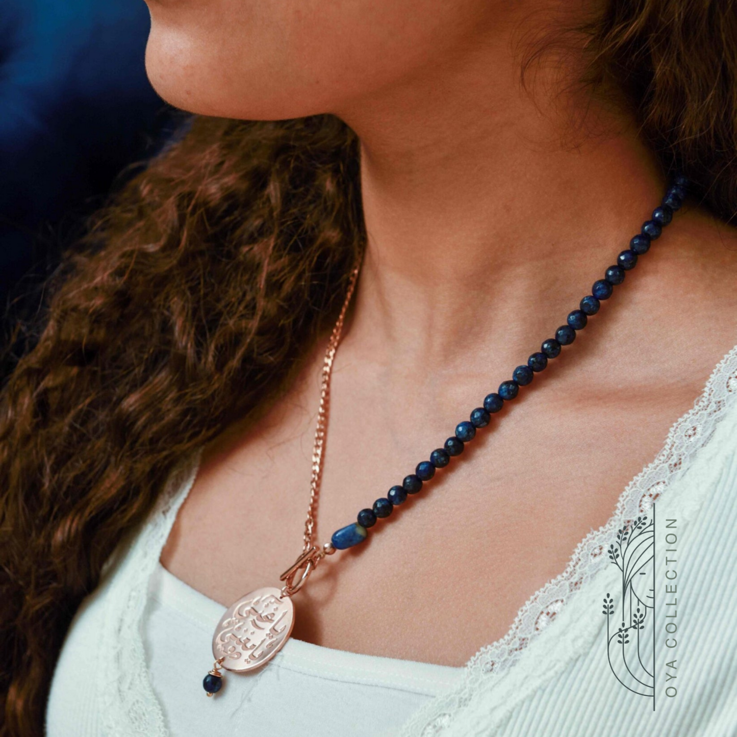 Dumortierite beaded rose gold plated brass necklace