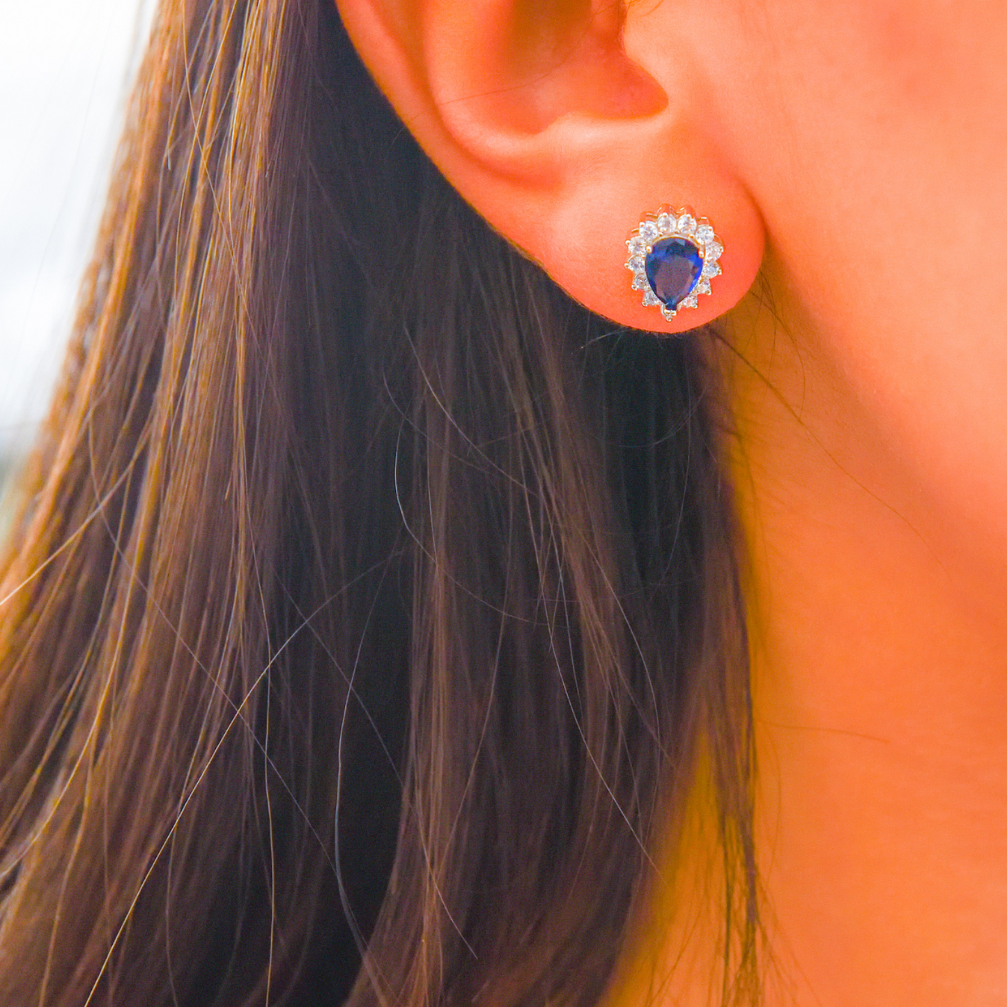 Sterling silver earring 925, small teardrop shaped Blue Sapphire stone, Zirconia frame