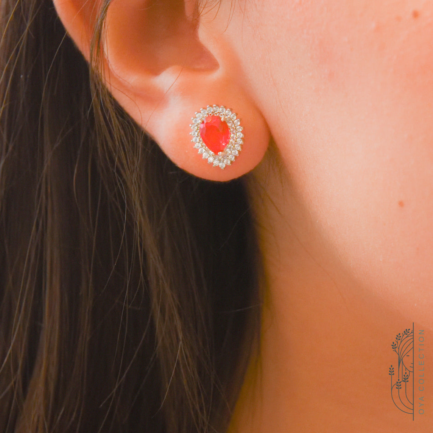 Sterling silver earring 925, waterdrop shaped Ruby stone and zirconia all lined with Zirconia frame