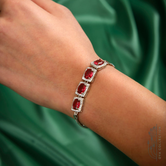 Sterling silver bracelet 925, 4 square shaped Ruby stones and zirconia all lined with Zirconia frame