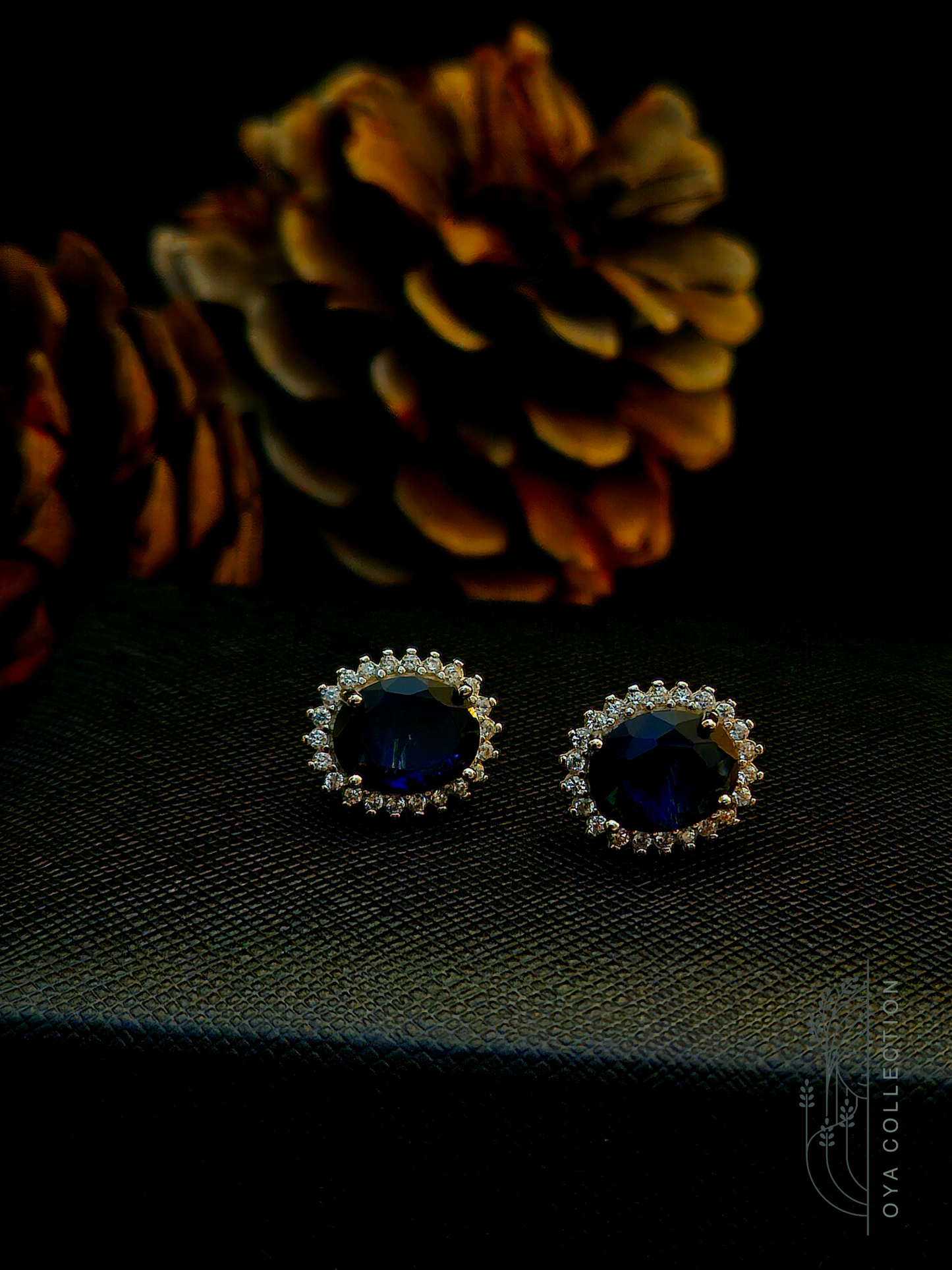 Sterling silver earring 925, Large Oval shaped Blue Sapphire stone, Zirconia frame