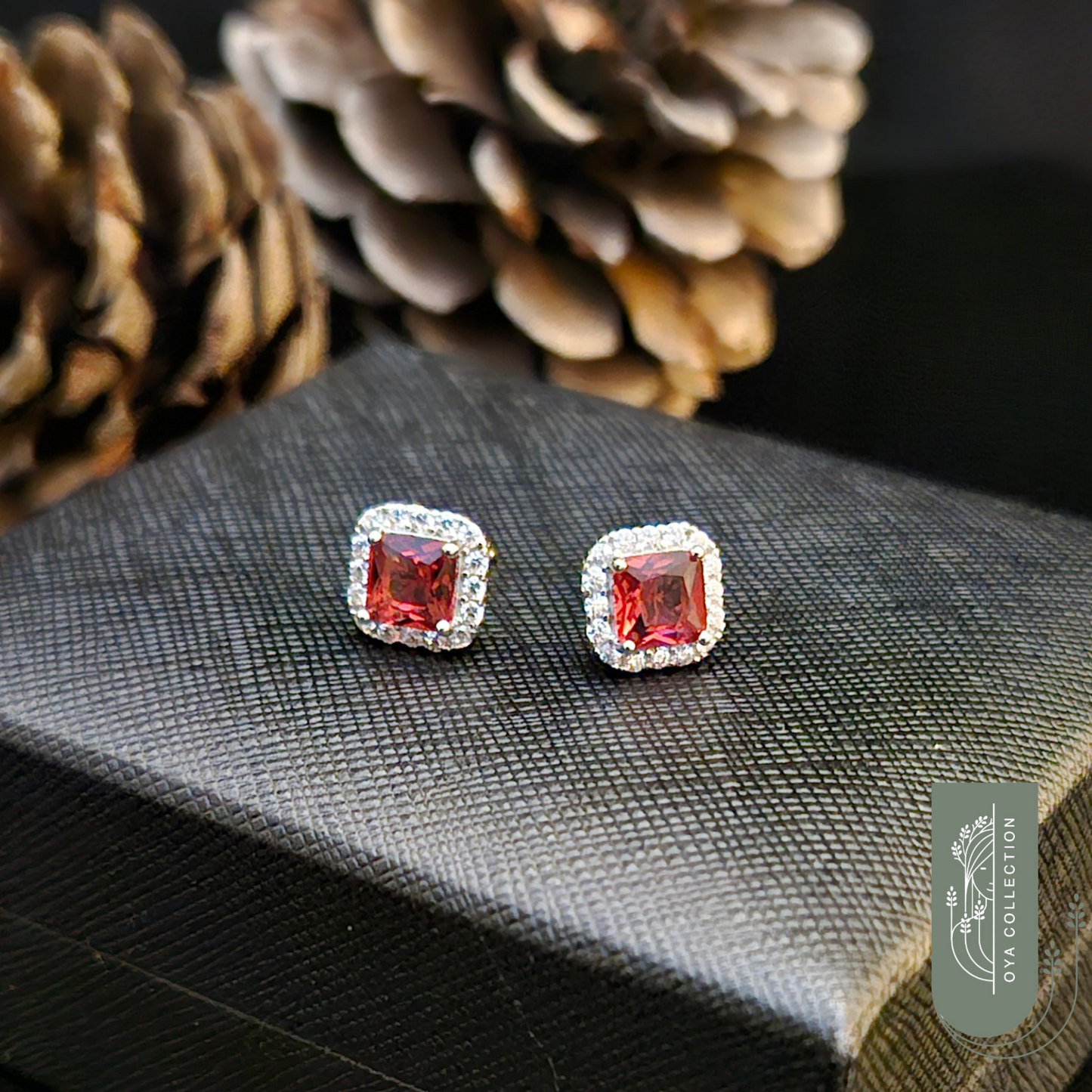 Sterling silver earring 925, s. square shaped Ruby stone and zirconia all lined with Zirconia frame