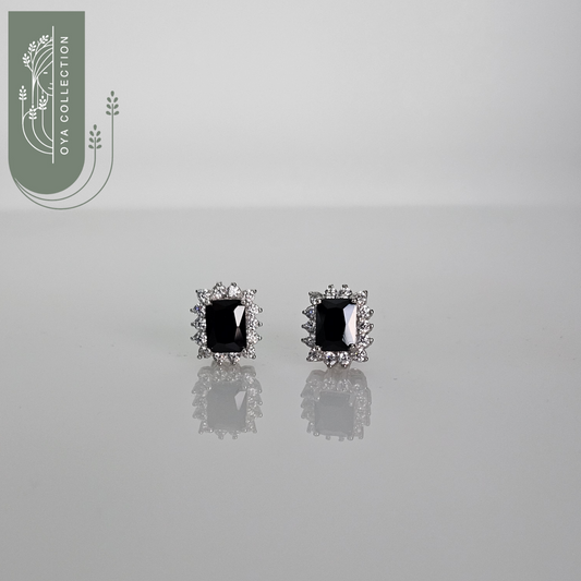 Sterling silver earring 925, square shaped Black Agate stone, zirconia all lined with Zirconia frame