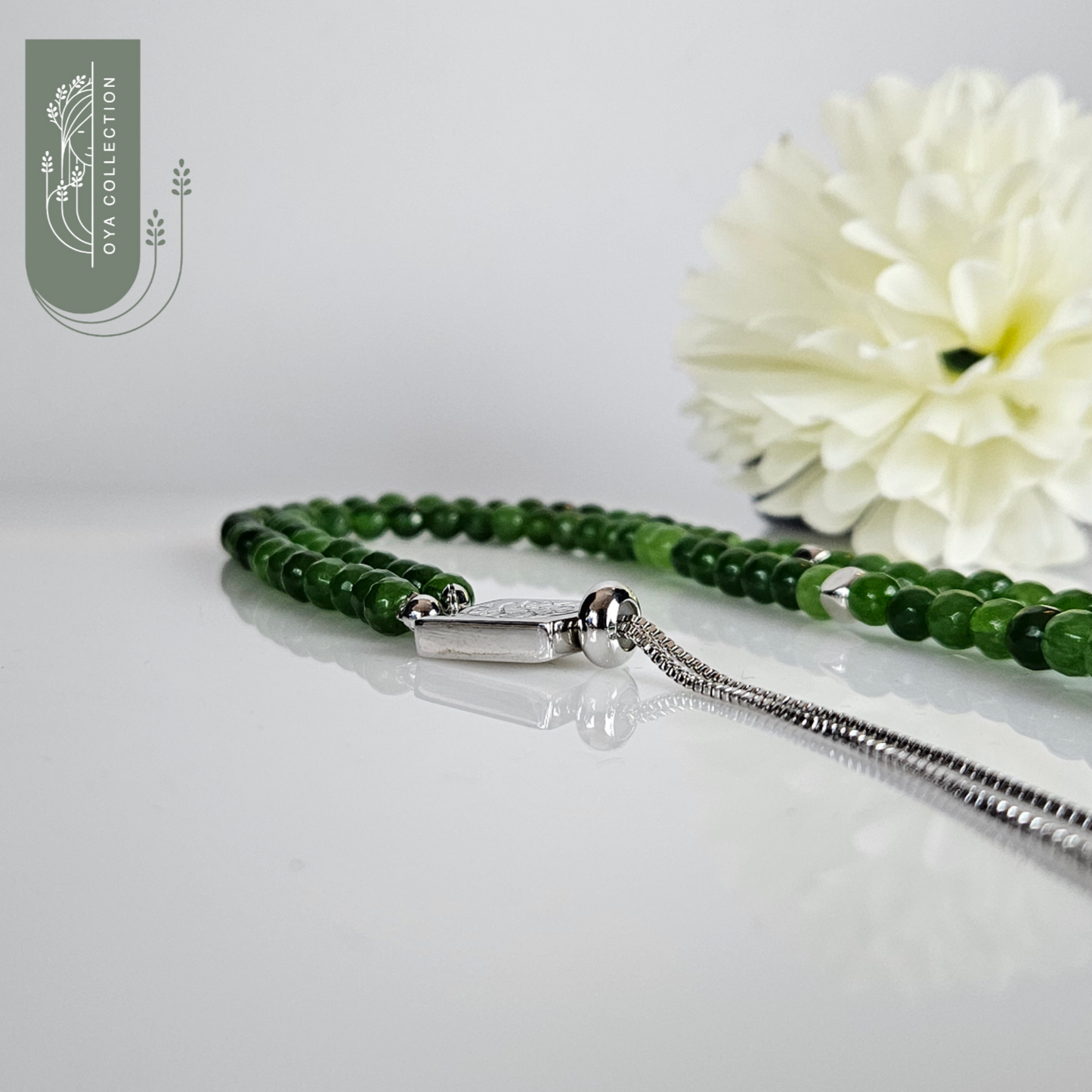 Green Jade, Rosary, Necklace, Bracelet with Platinum plated Silver 925 Pendant