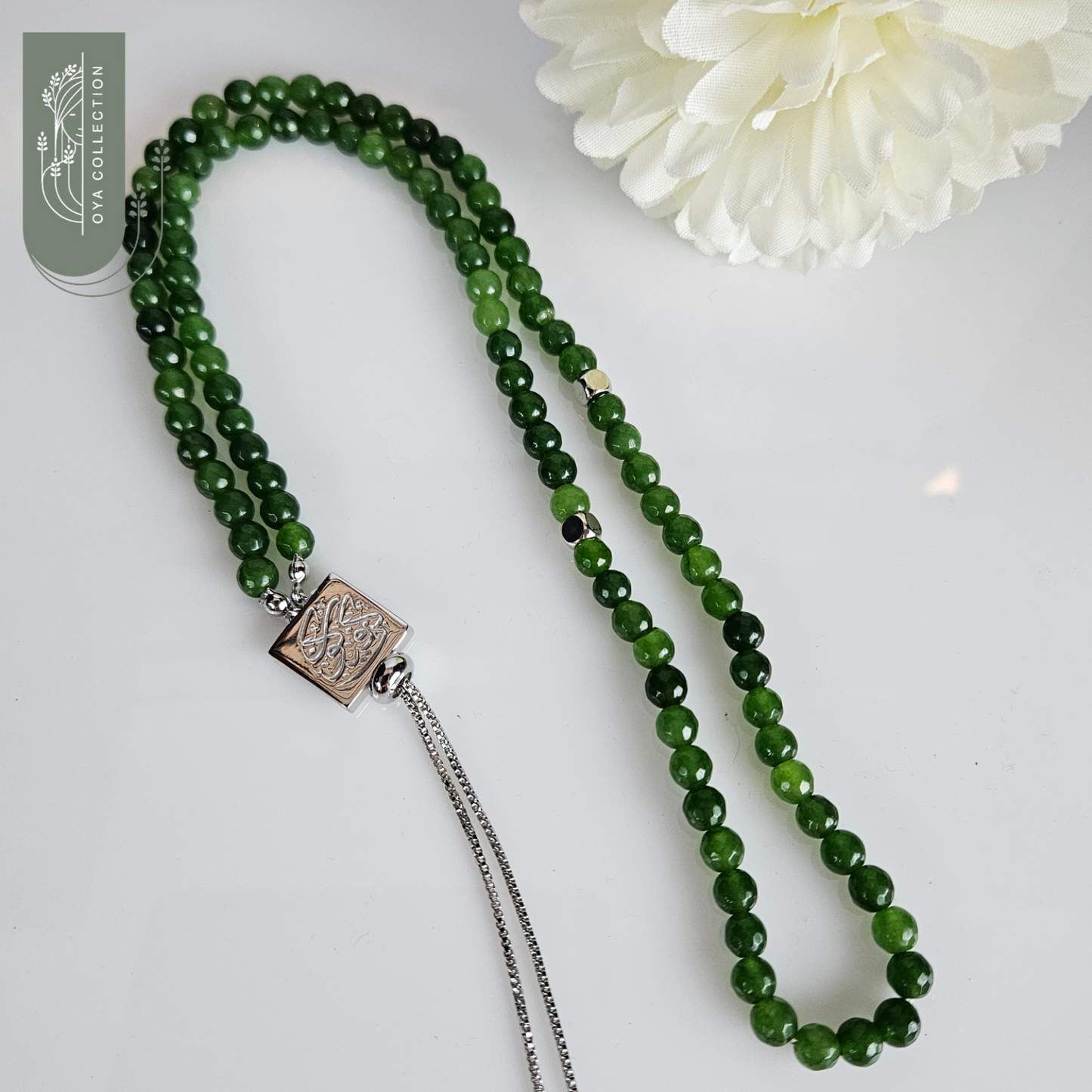 Green Jade, Rosary, Necklace, Bracelet with Platinum plated Silver 925 Pendant