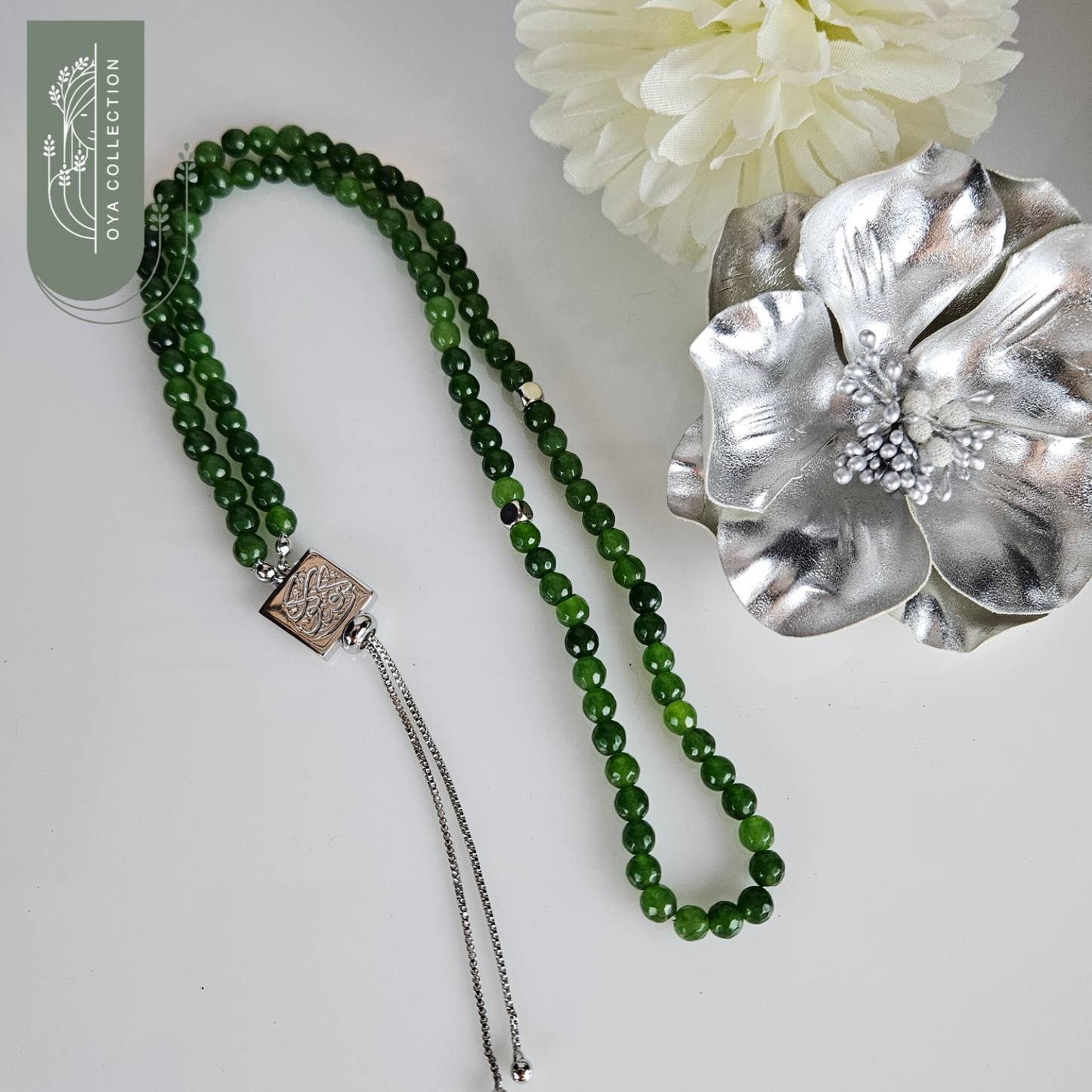 Green Jade, Rosary, Necklace, Bracelet with Platinum plated Silver 925 Pendant