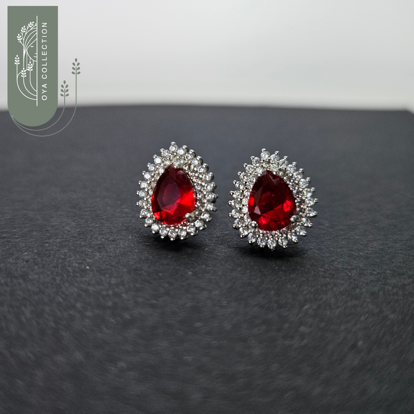 Red Ruby Silver 925 Earrings - water drop shape