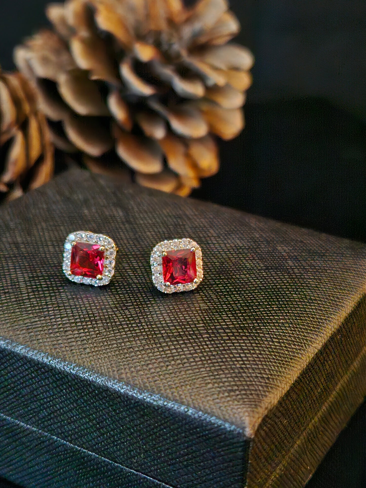 Sterling silver earring 925, s. square shaped Ruby stone and zirconia all lined with Zirconia frame