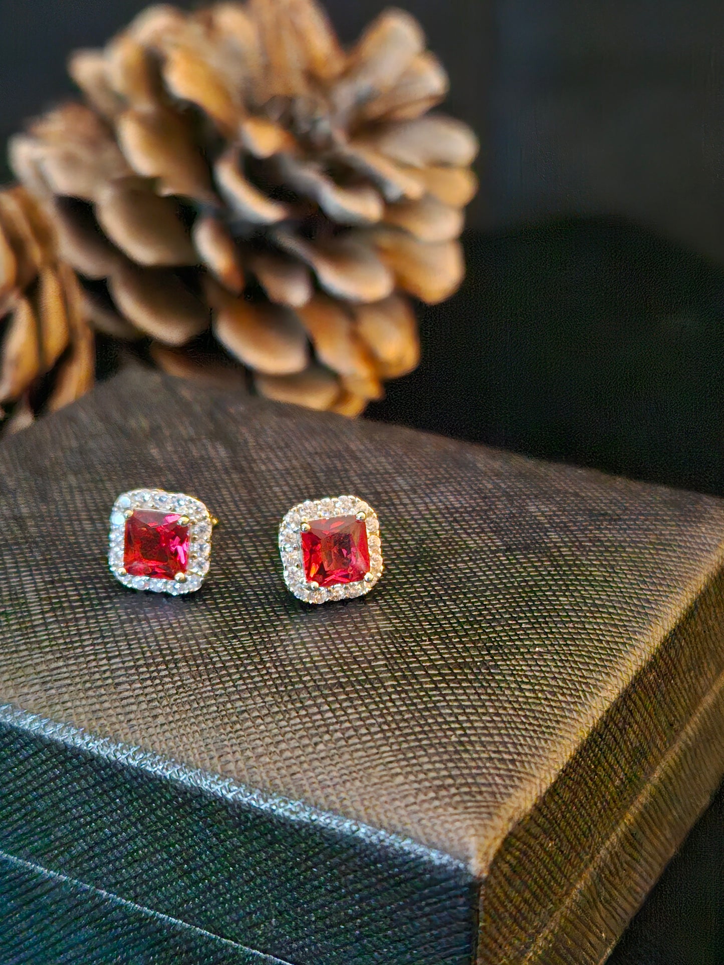 Sterling silver earring 925, s. square shaped Ruby stone and zirconia all lined with Zirconia frame