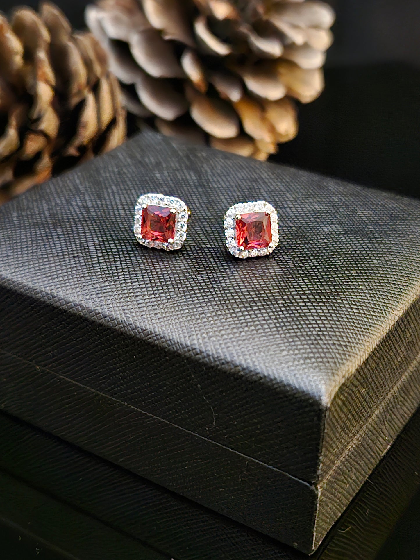 Sterling silver earring 925, s. square shaped Ruby stone and zirconia all lined with Zirconia frame