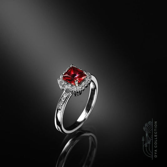 Sterling silver ring 925, s. square shaped Ruby stone and zirconia all lined with Zirconia frame