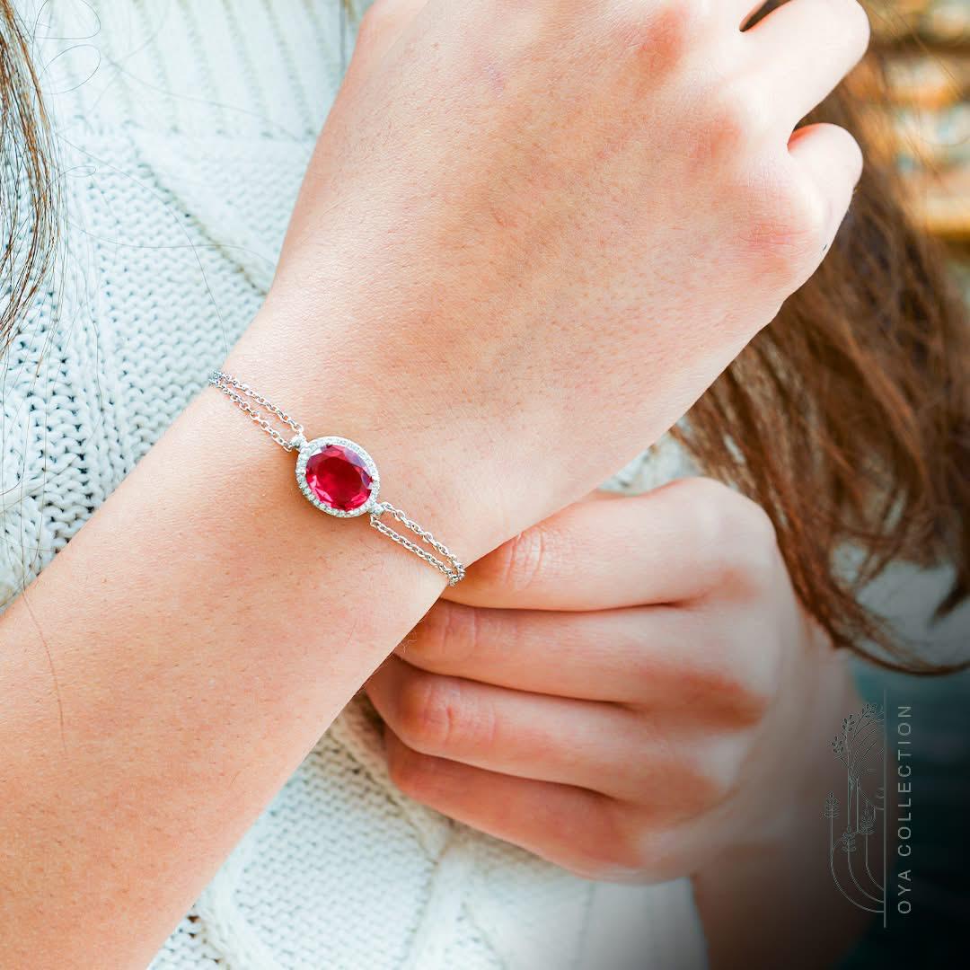 Sterling silver bracelet 925, oval shaped Ruby stone and zirconia all lined with Zirconia frame