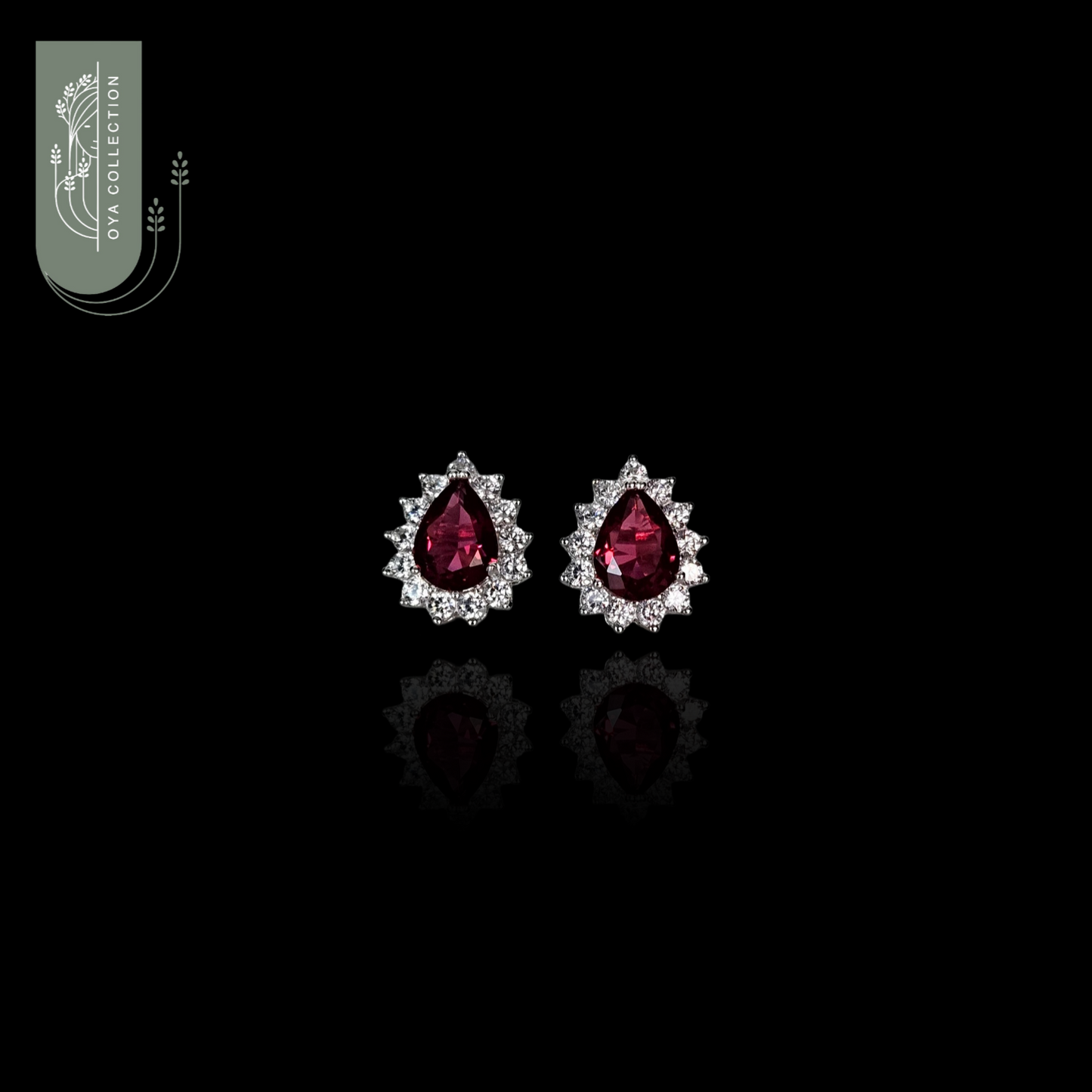 Sterling silver earring 925, waterdrop shaped Ruby stone with undertone and zirconia all lined with Zirconia frame