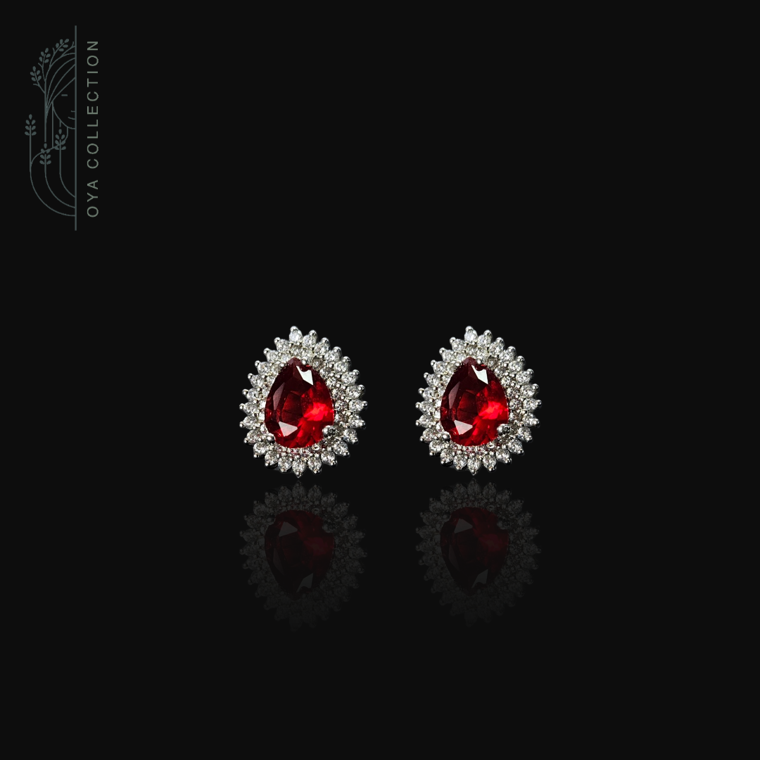 Red Ruby Silver 925 Earrings - water drop shape