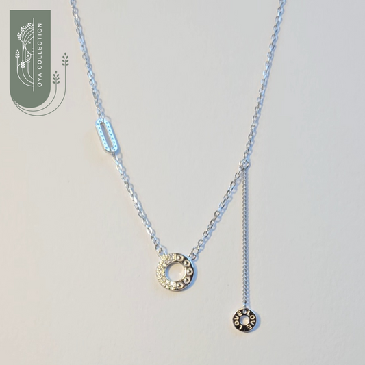 Silver Necklace - Round pendant with Love charm